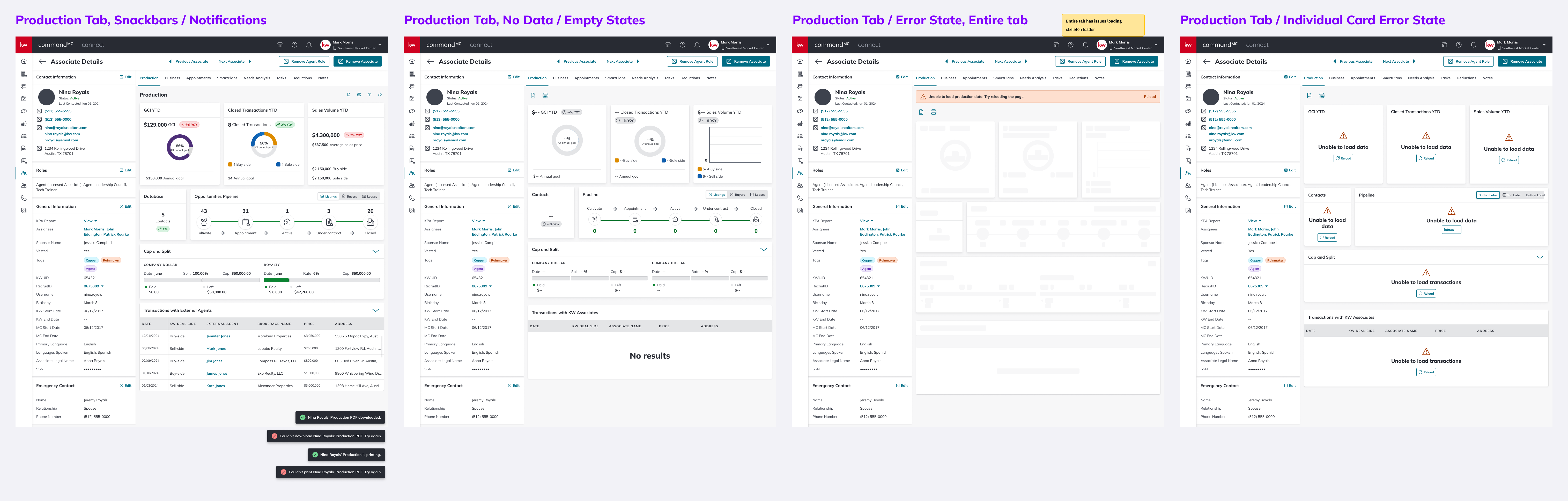 Edge case matrix: snackbars and notifications, empty / no-data state, full-tab error state, and individual card error state
